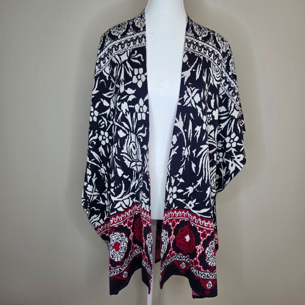 Chicos Navy Blue Red Floral Silk Cotton Knit Kimono Wrap Shawl One‎ Size